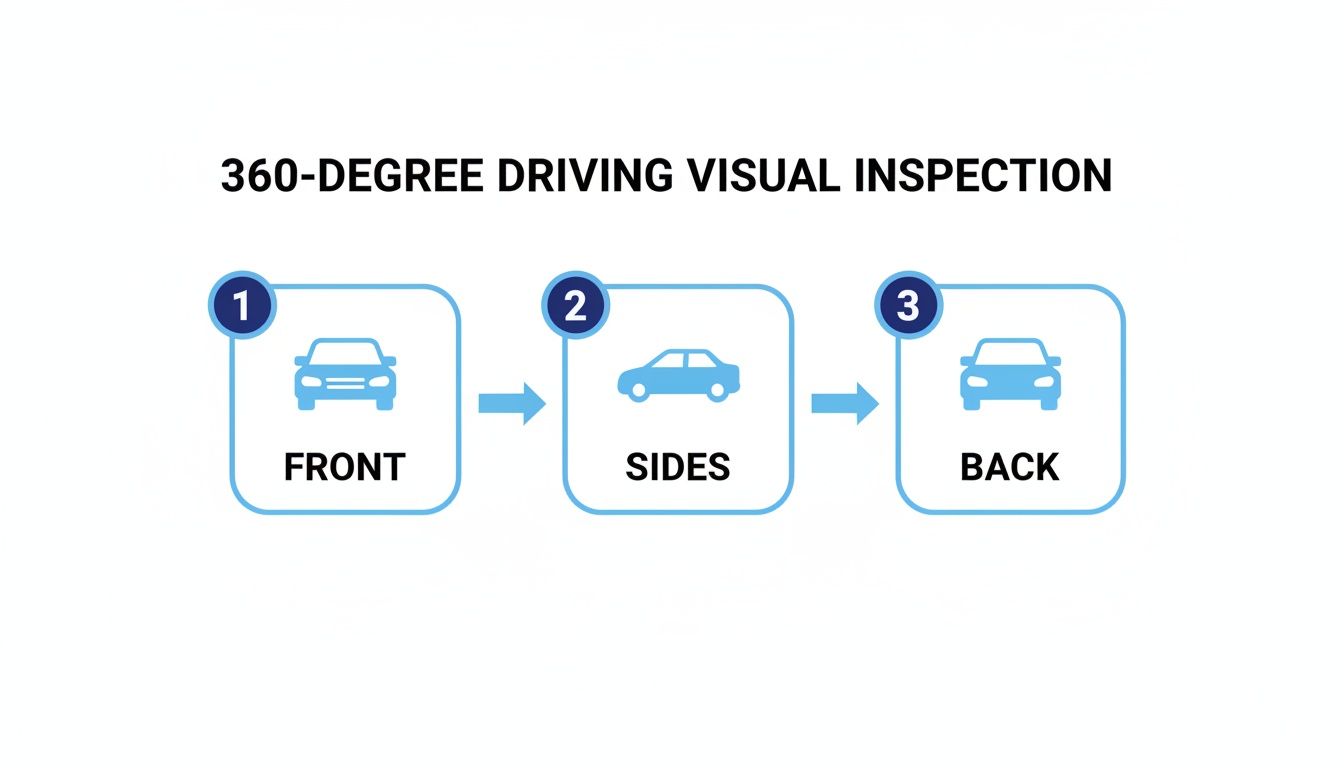 A diagram illustrating a 360-degree driving visual inspection with steps for front, sides, and back of a car.