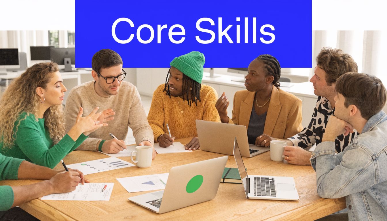 A diverse group of young professionals sitting around a wooden table collaborating on a team project.