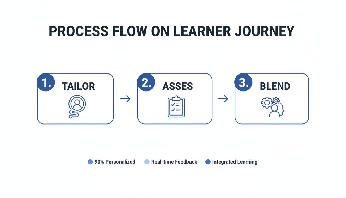 A three-step process flow titled 'Learner Journey': Tailor, Assess, and Blend, with personalization notes.