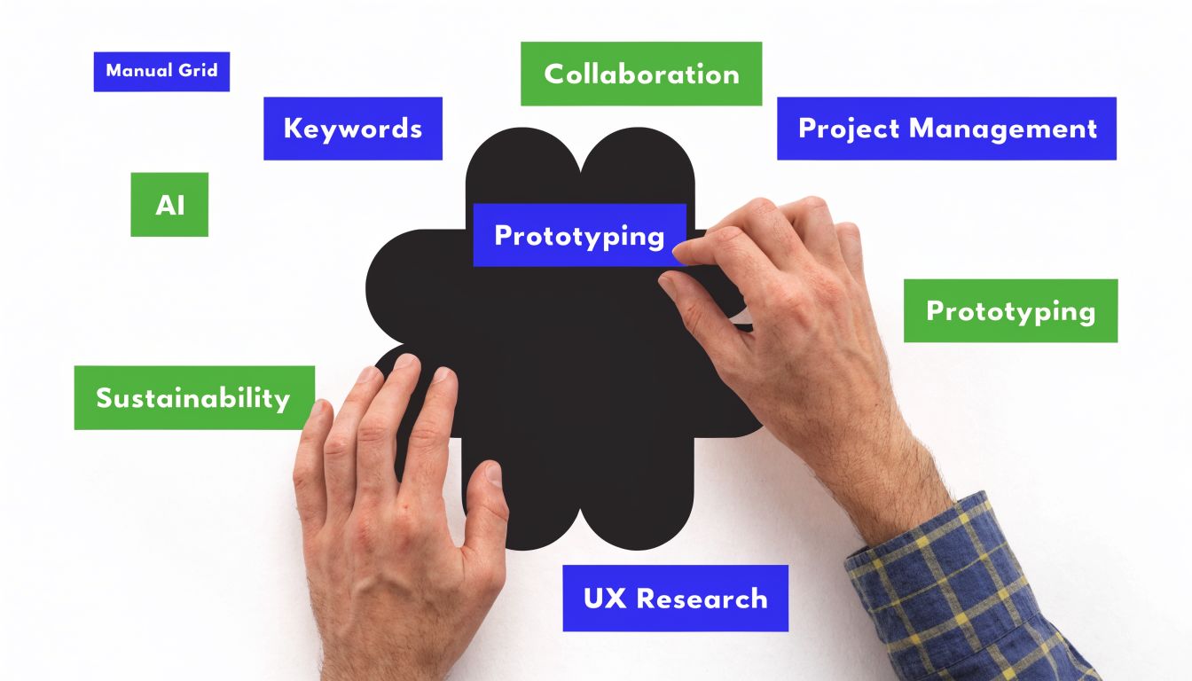 A person placing a blue label labeled Prototyping onto a black clover-shaped design element on white paper.