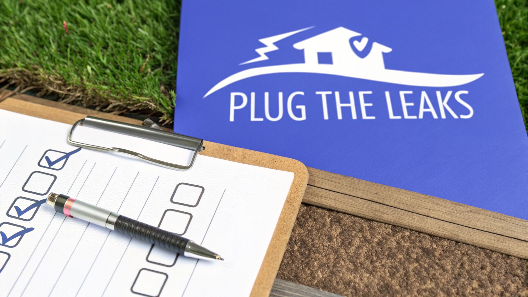 A clipboard with a pen on a checklist, beside a 'PLUG THE LEAKS' sign on grass.