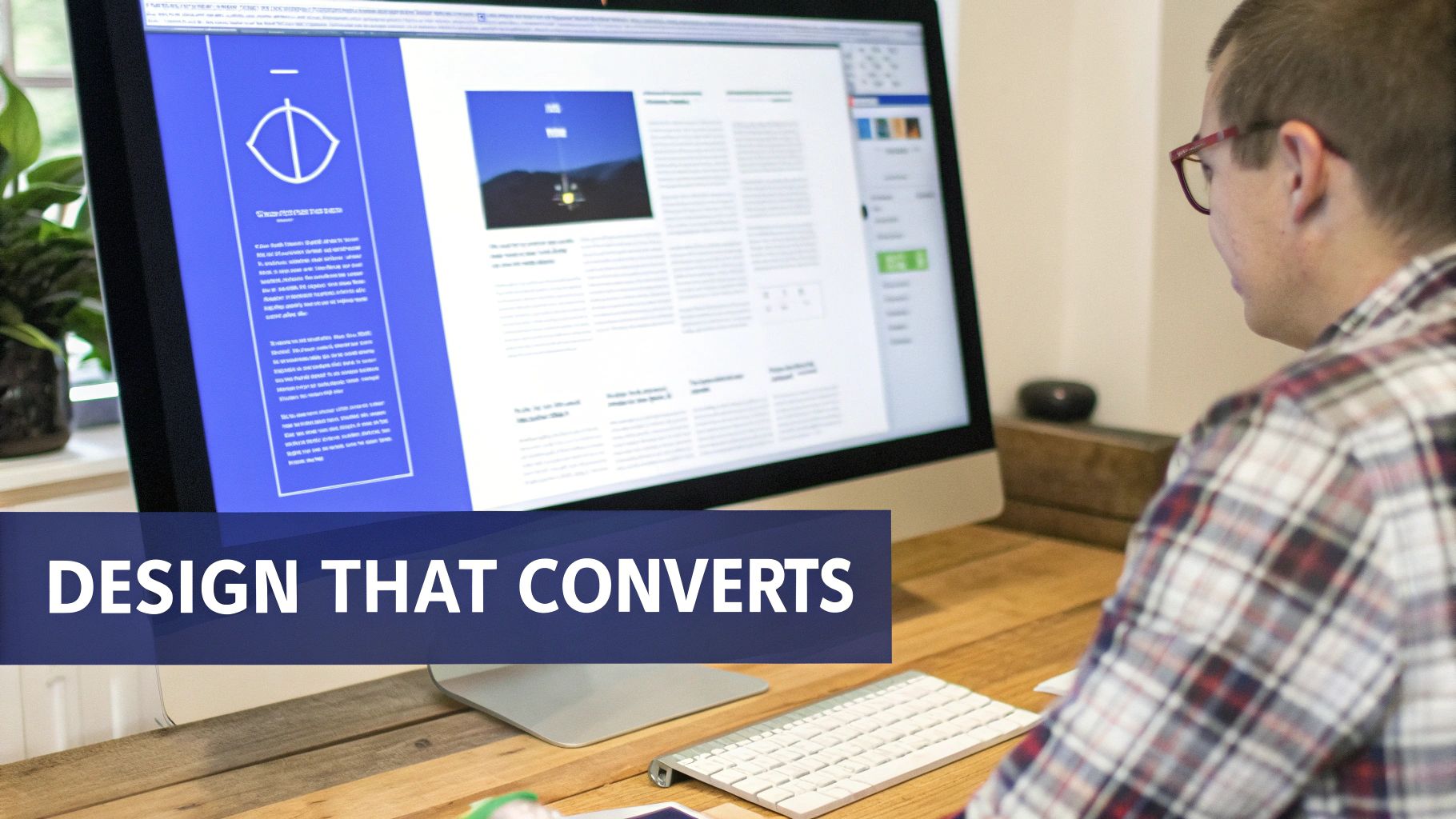 A man wearing glasses designing a webpage on a large monitor, with a 'DESIGN THAT CONVERTS' banner.