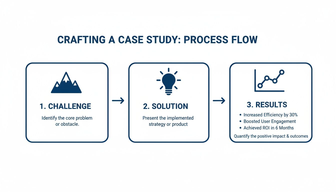 A three-step process flow diagram illustrating how to craft a case study: Challenge, Solution, and Results.