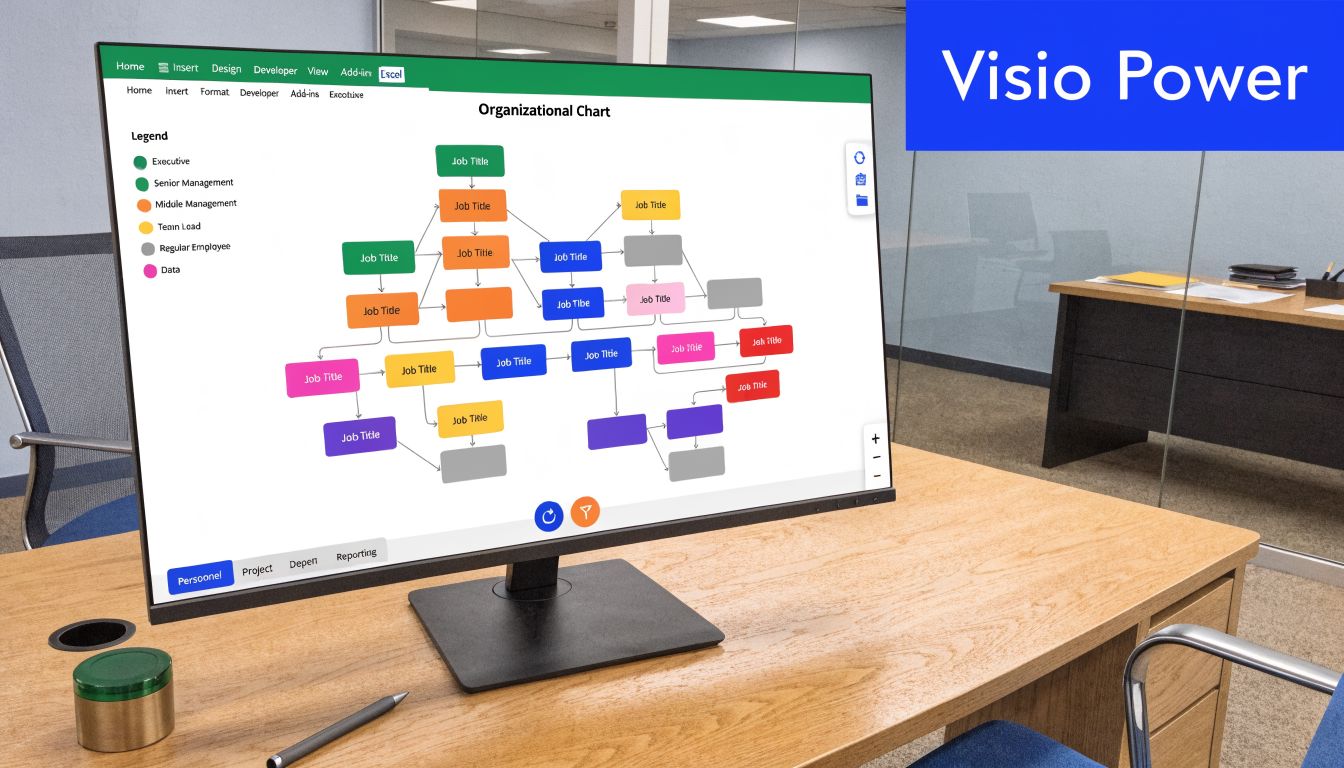 A modern desktop computer screen displaying a complex organizational chart template within an Excel-style software interface.