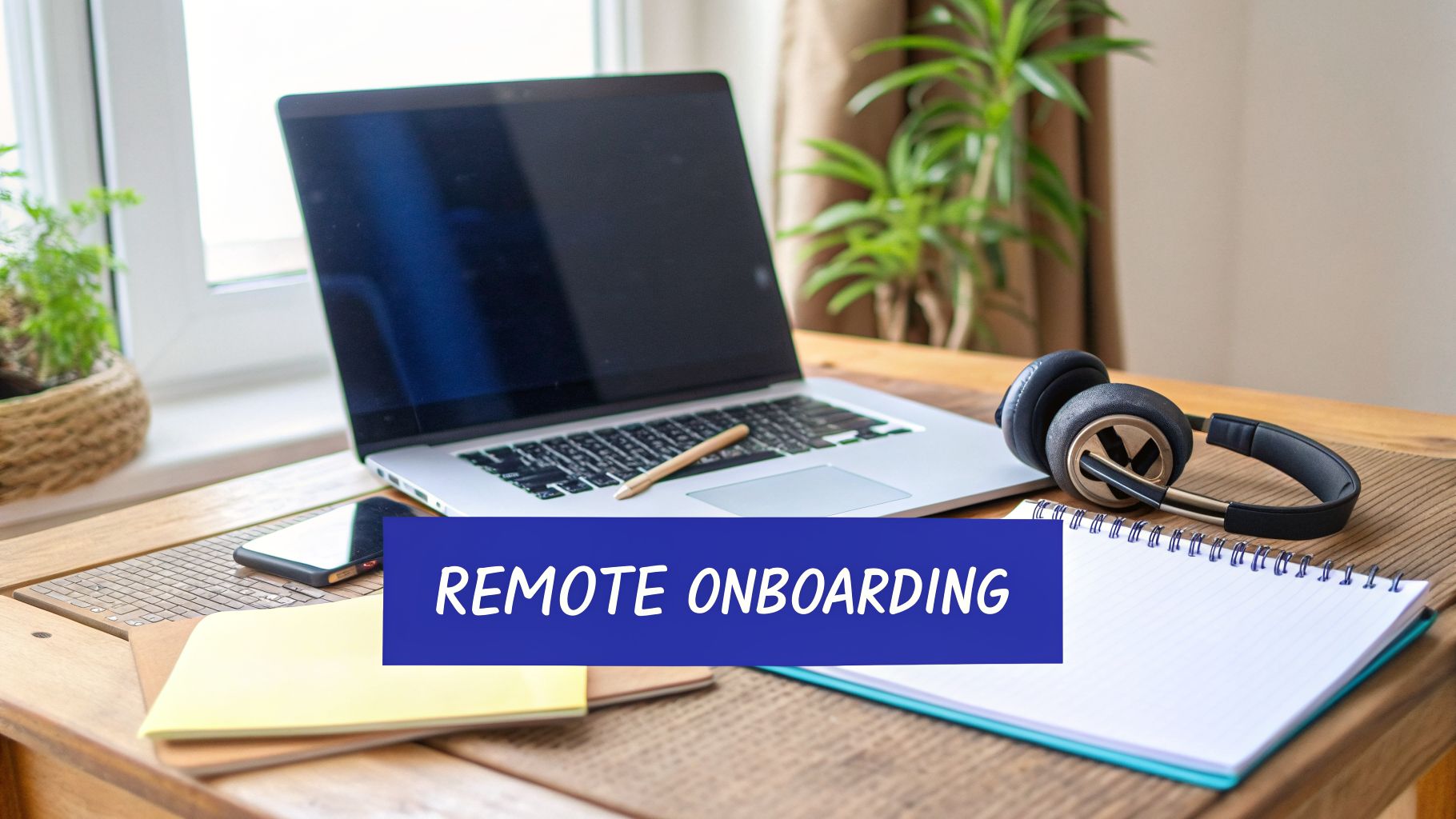 A wooden desk with a laptop, headphones, and notebook, illustrating a remote onboarding setup.