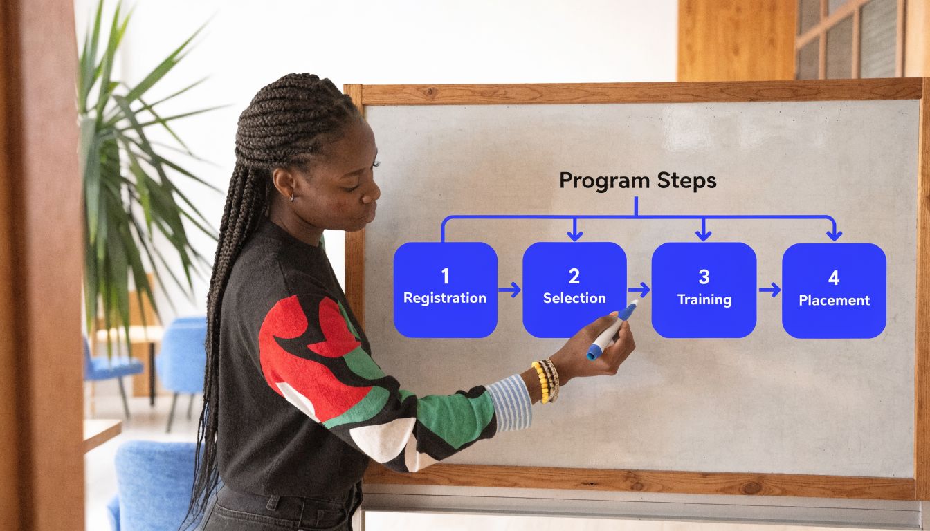 A woman explains the four steps of a career program on a whiteboard during a presentation.