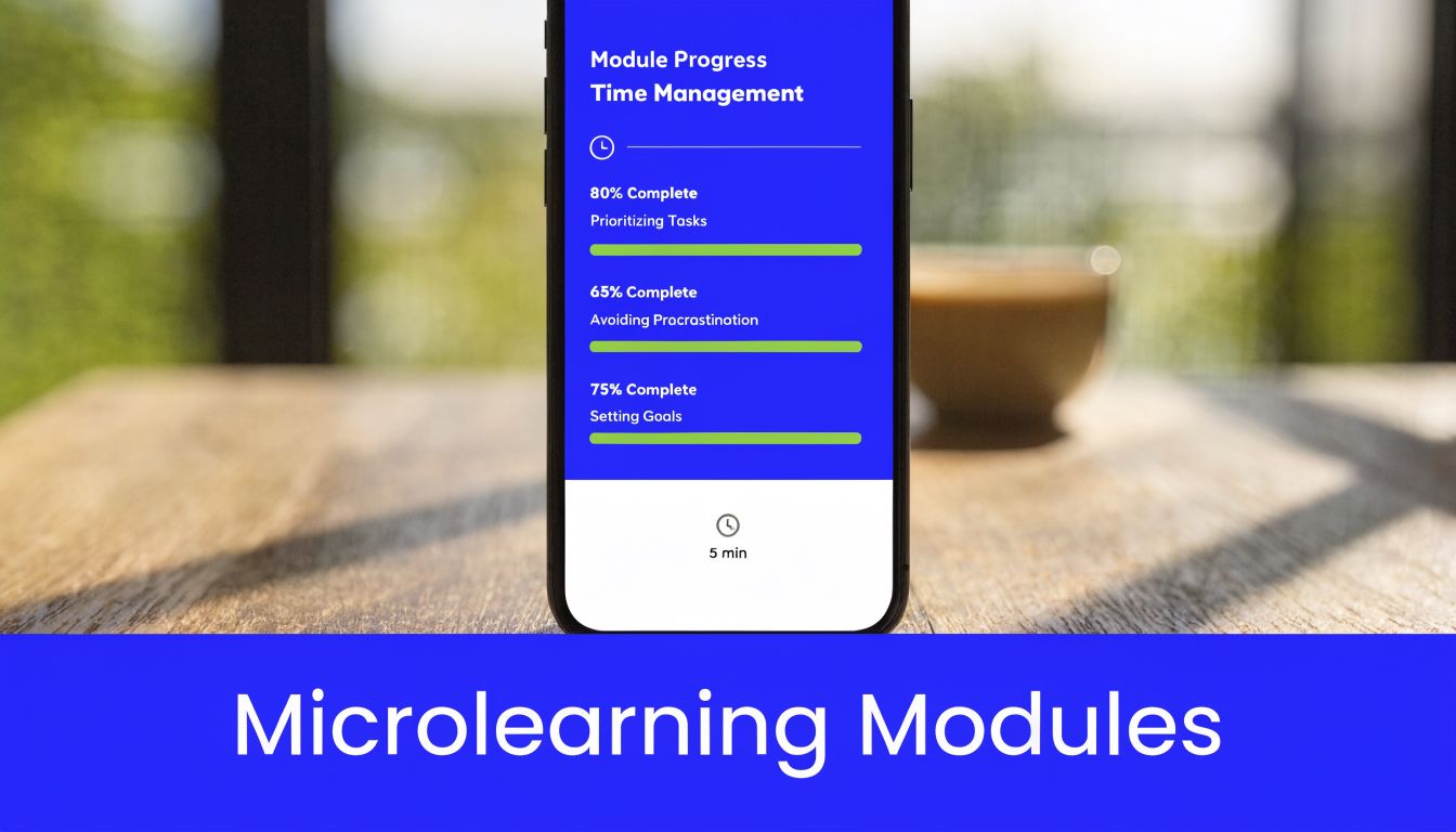A smartphone screen displaying a microlearning application showing module progress for time management and individual learning goals.