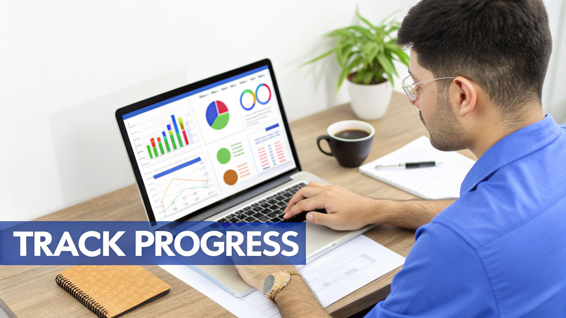 A person monitors progress on a laptop with graphs, charts, and data visualizations.