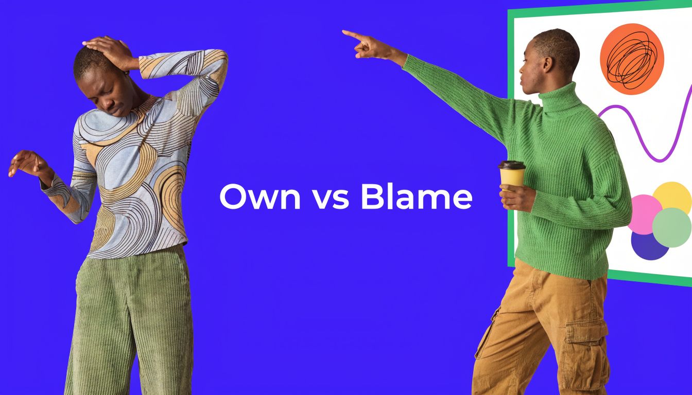 A person in a patterned shirt stands defensively while another person in a green sweater points blame.