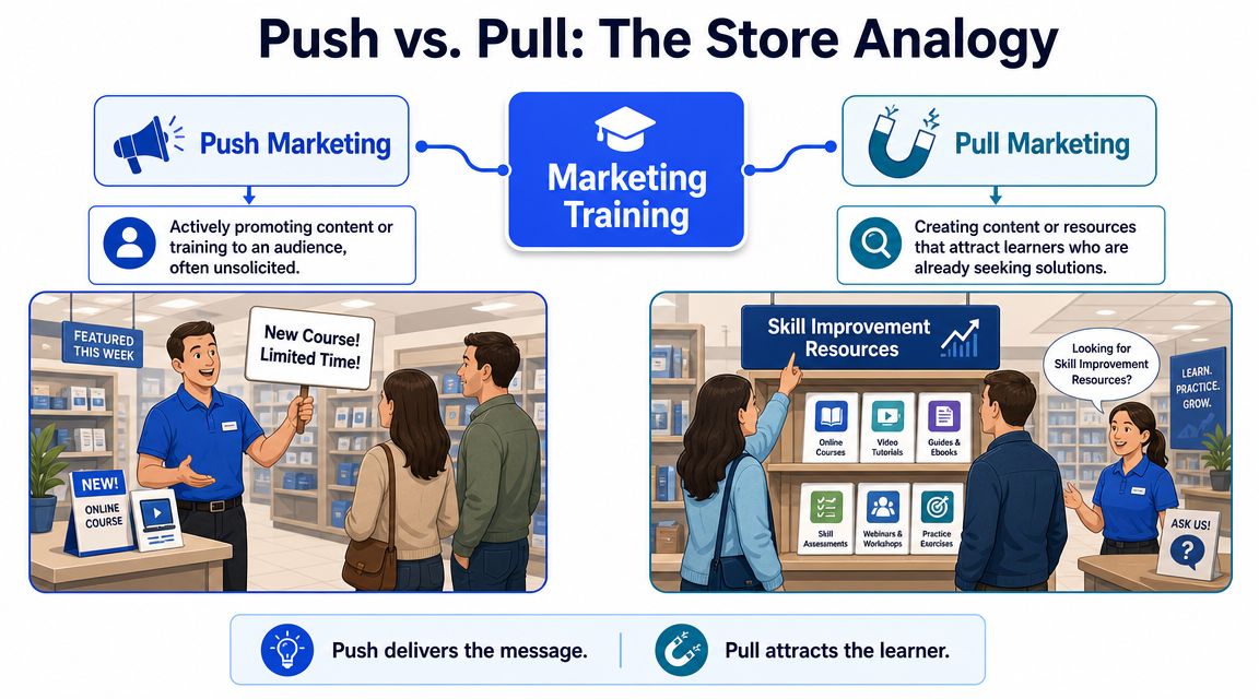 An infographic comparing push and pull marketing strategies using a retail store employee and customer analogy.