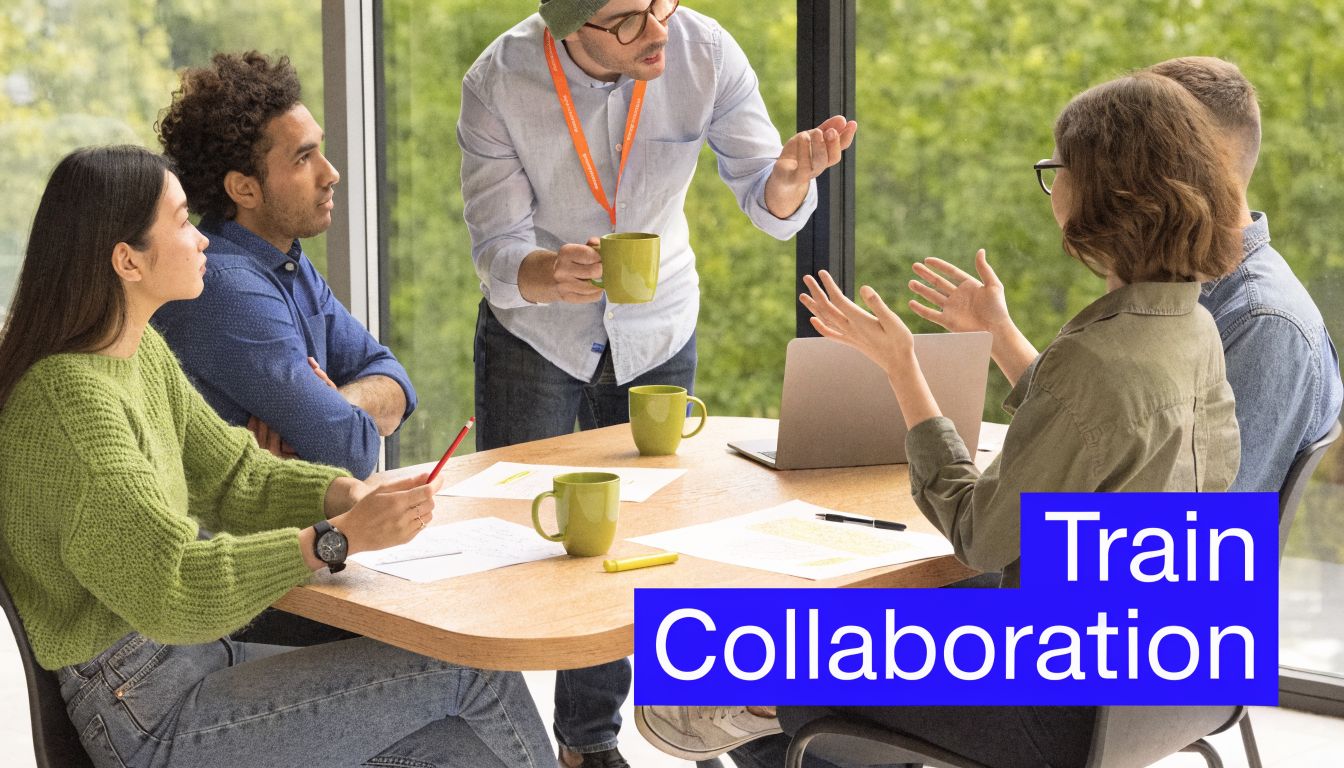 A diverse team of professionals collaborating and brainstorming ideas around a wooden office conference table.