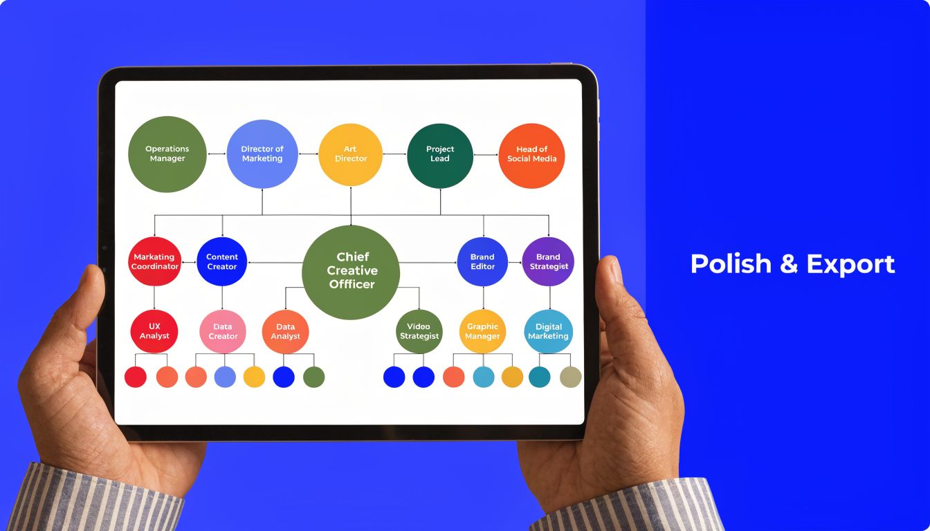 A person holding a tablet displaying a complex organizational chart with various job titles and roles.