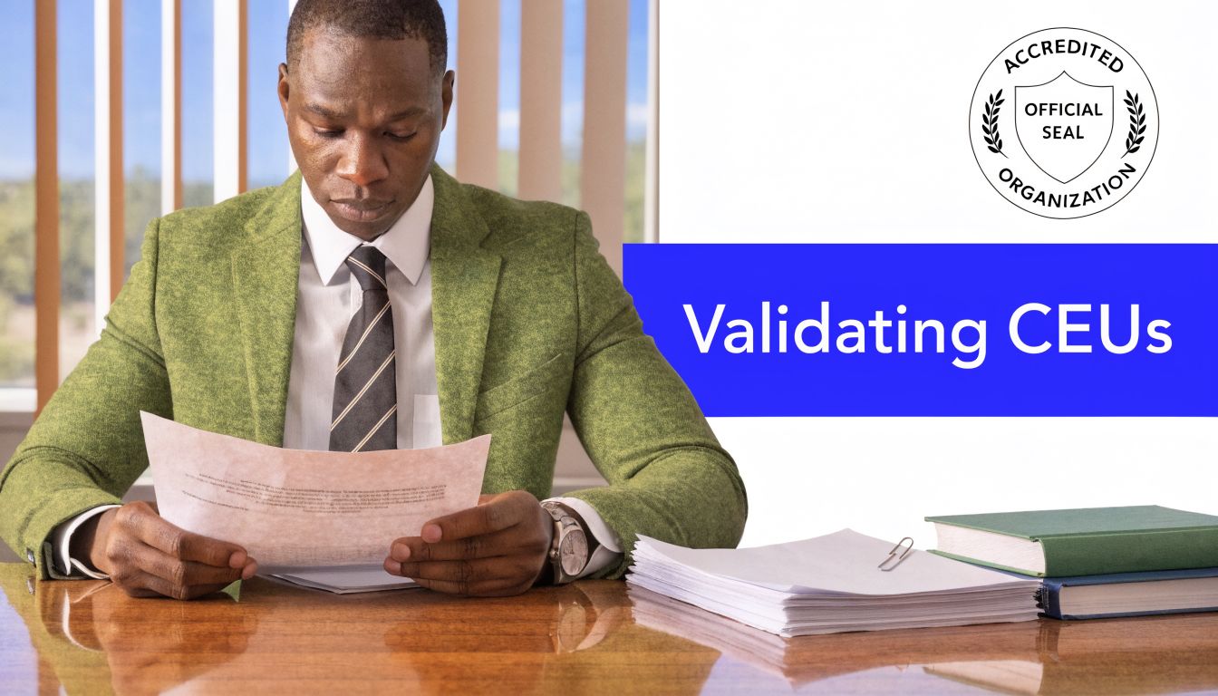 A professional man sitting at a desk reviewing documents with a blue banner reading Validating CEUs.