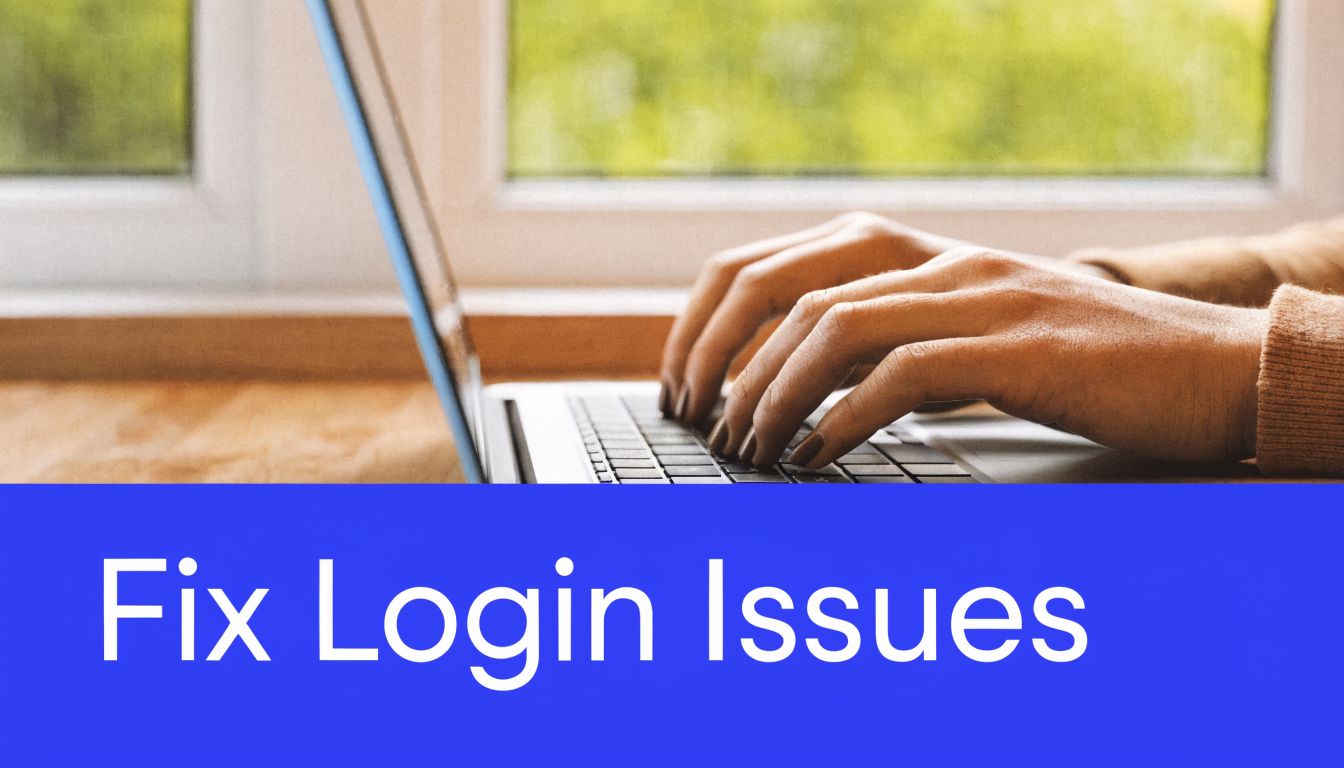 Close-up of a person typing on a laptop computer with the text Fix Login Issues below.