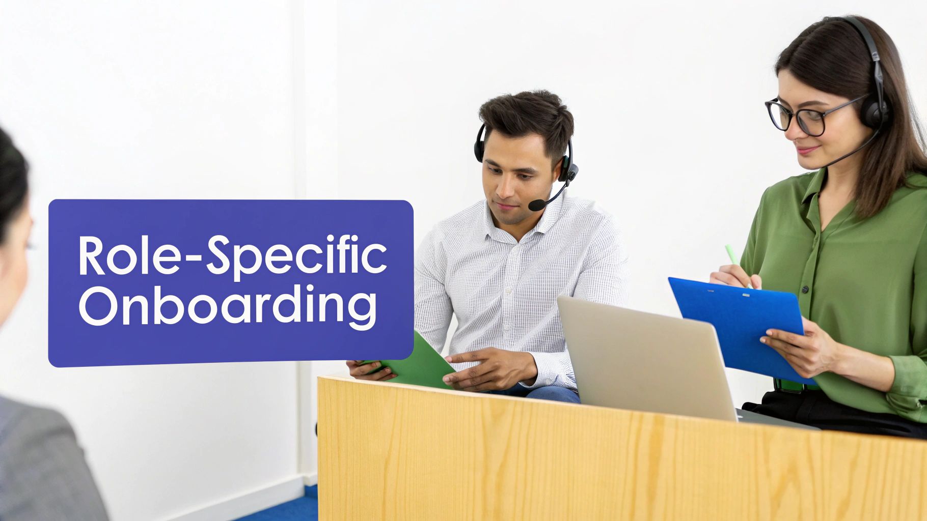 Two call center agents with headsets discuss 'Role-Specific Onboarding' at their desks.