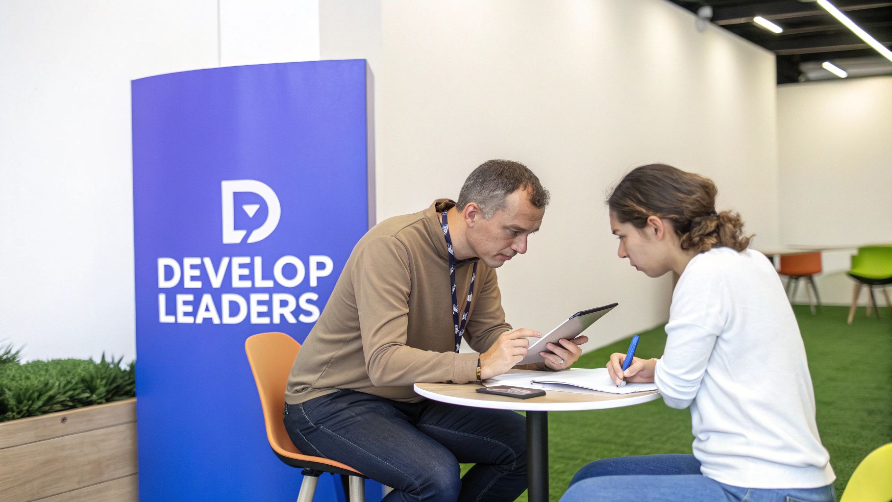 Two professionals collaborating at a table in a modern office with a 'DEVELOP LEADERS' banner.
