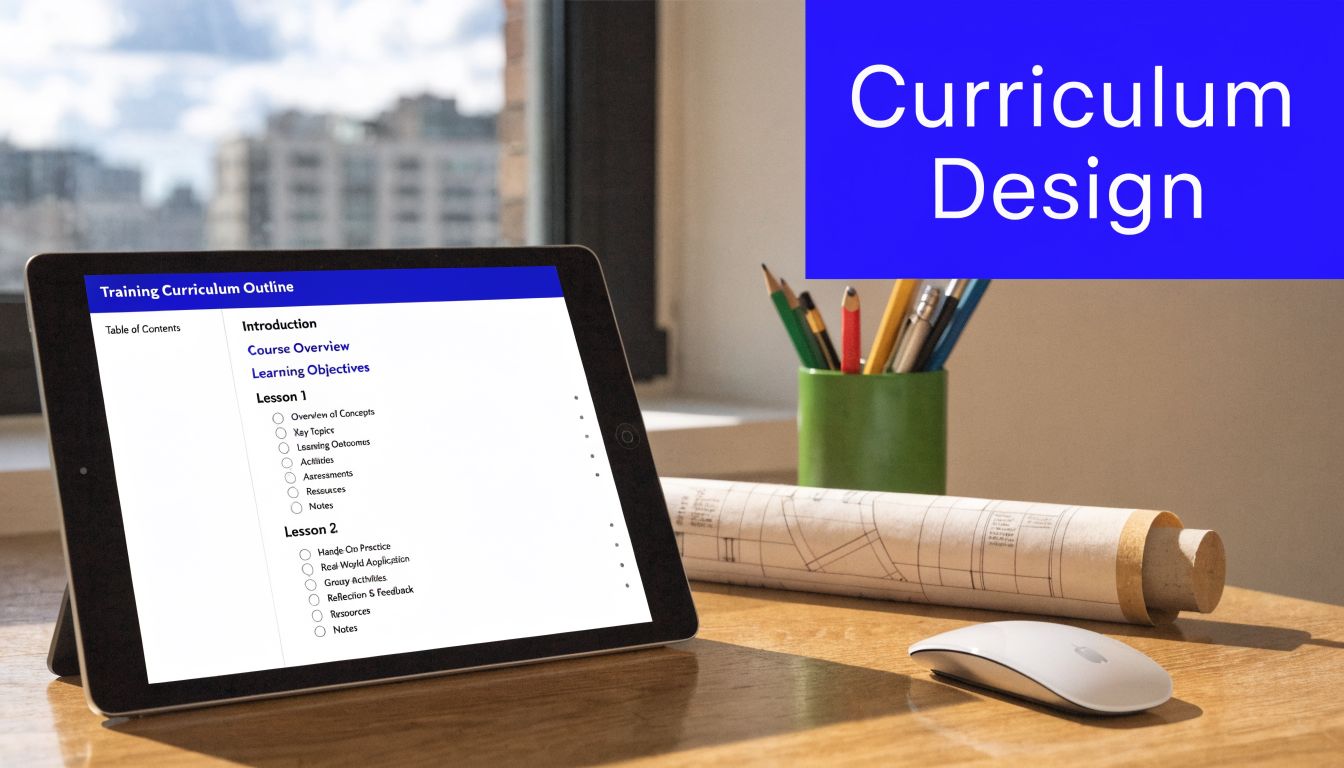 A tablet displaying a training curriculum outline placed on a desk with a mouse and pencils.