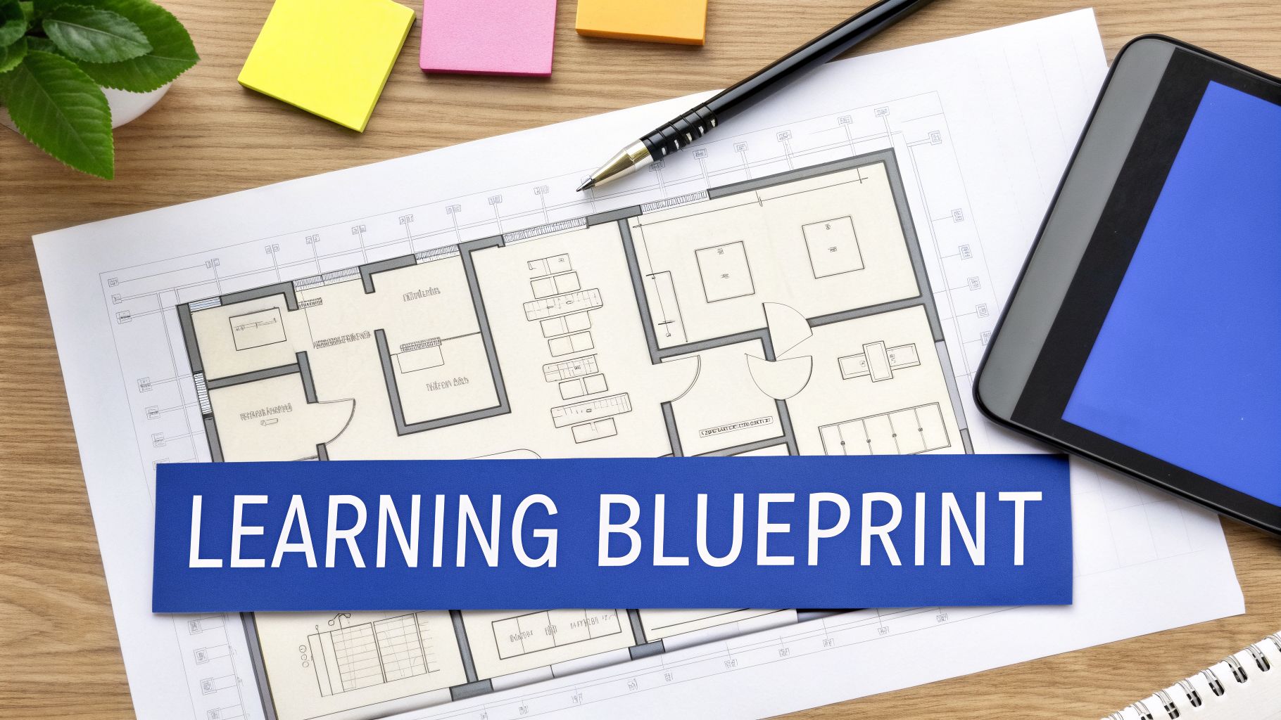 Overhead view of a desk with a house blueprint, a tablet, pen, and a 'LEARNING BLUEPRINT' sign.