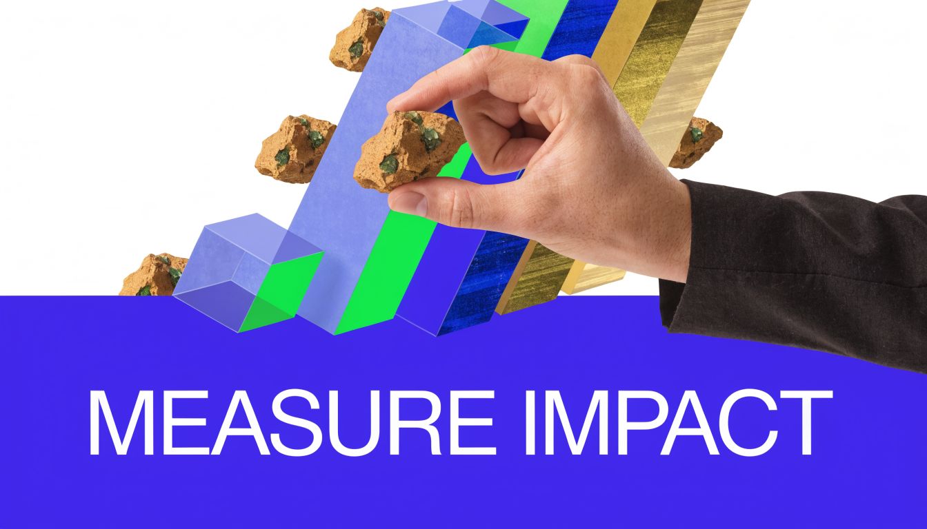 A professional hand carefully holding a mineral rock against a background of colorful 3D geometric bars.