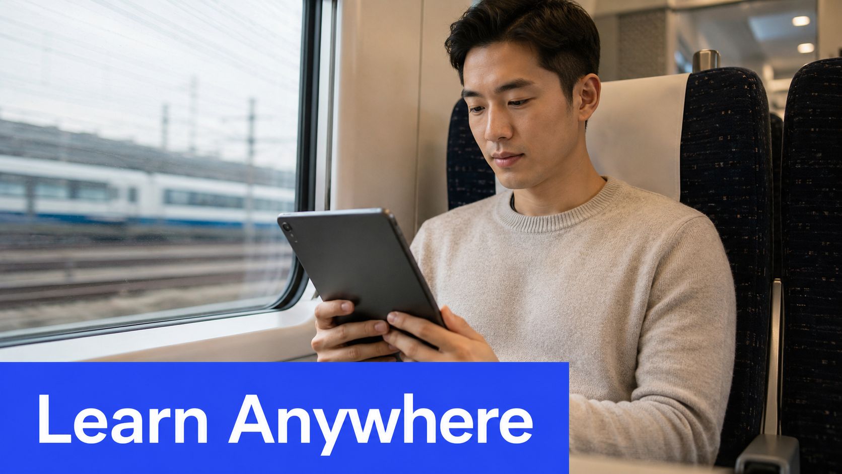 A focused man sitting on a train while studying on his digital tablet during his commute.