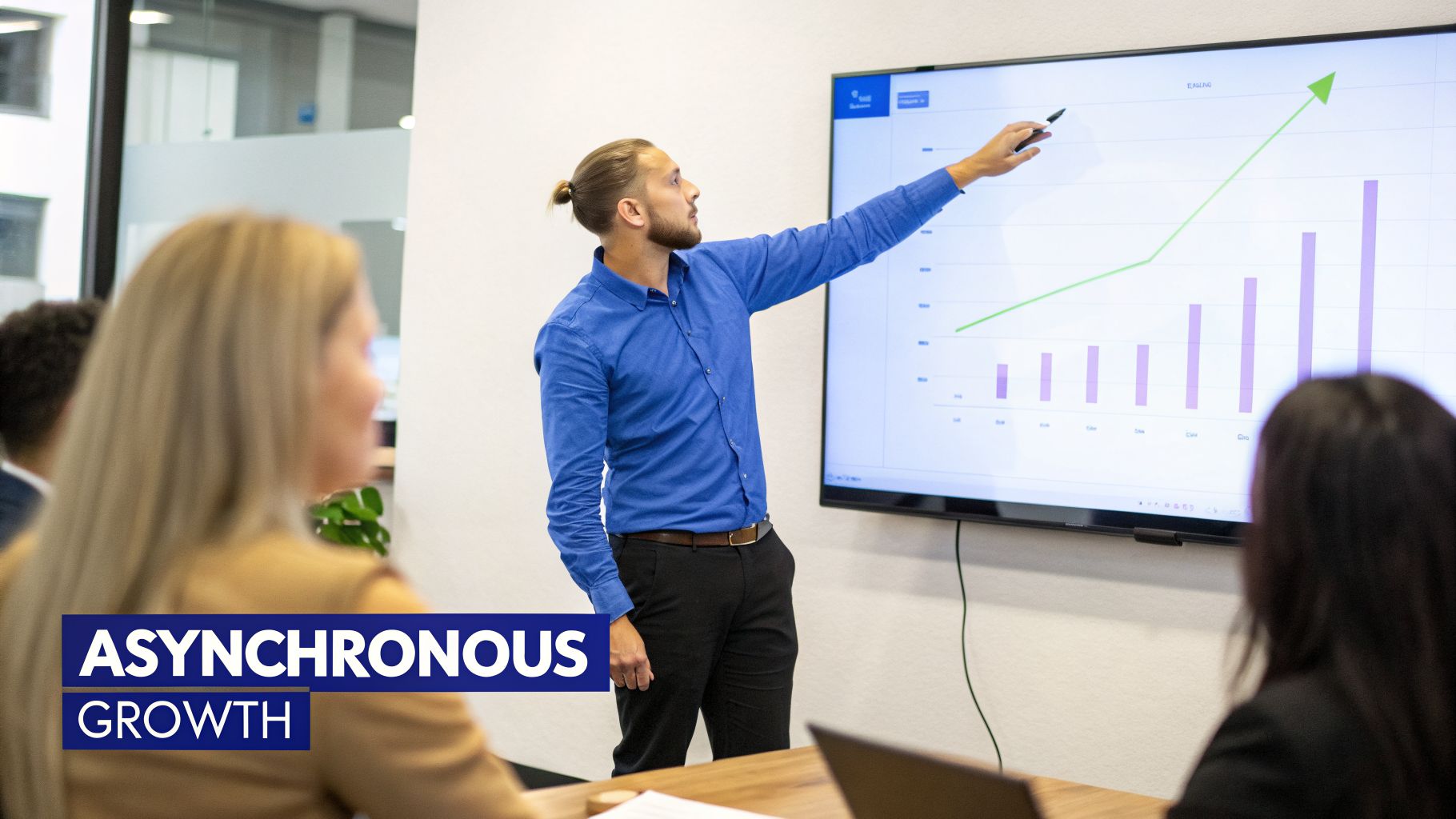 A man in a blue shirt presents a business growth chart on a large screen to colleagues.