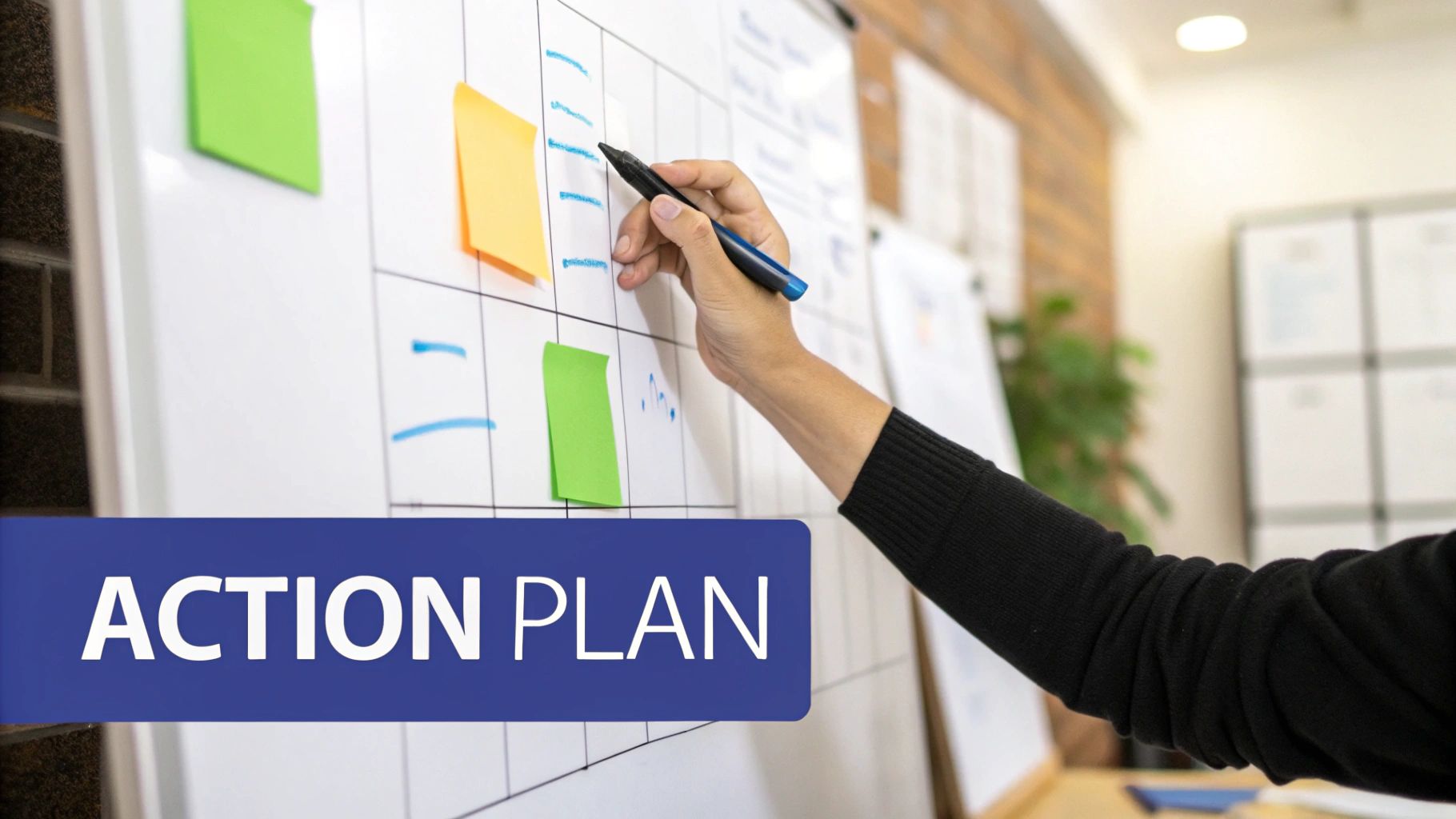 A person's hand writing on a whiteboard with sticky notes and 'ACTION PLAN' text, symbolizing strategic planning.