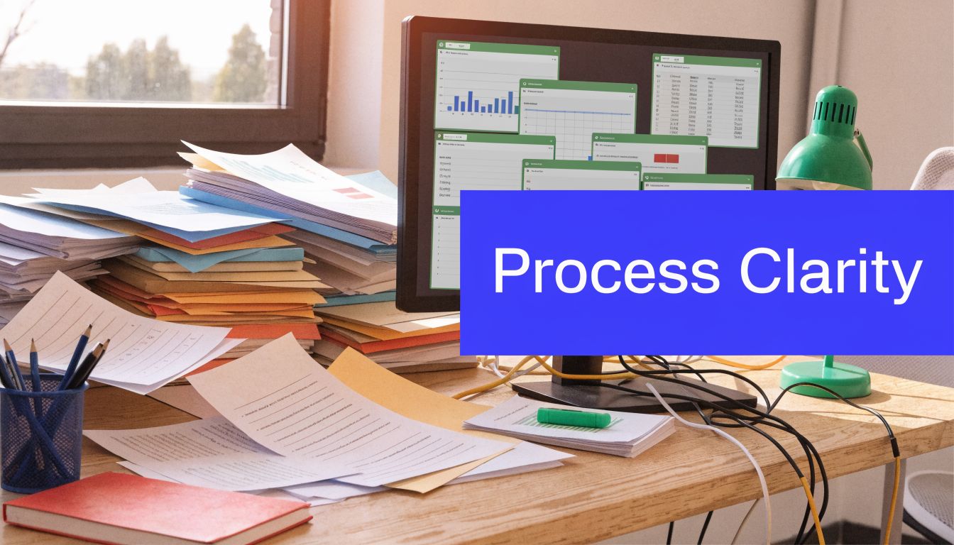 A messy office desk with stacks of documents, a computer monitor, and a green lamp.