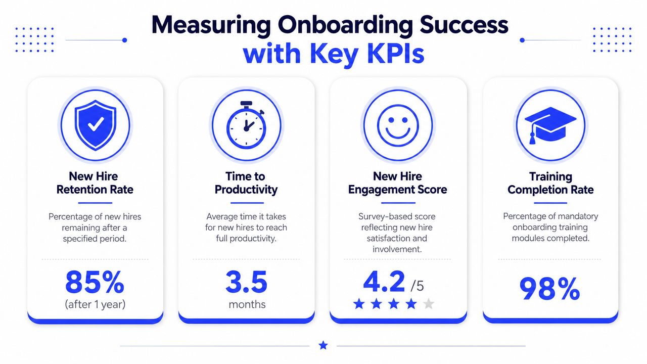 An infographic showing four key KPIs for measuring employee onboarding success, including retention, productivity, engagement, and training.