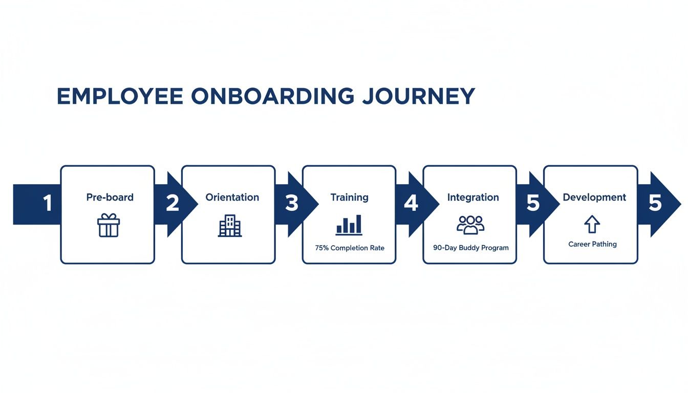 Infographic illustrating a five-step employee onboarding journey, covering pre-board, orientation, training, integration, and development.