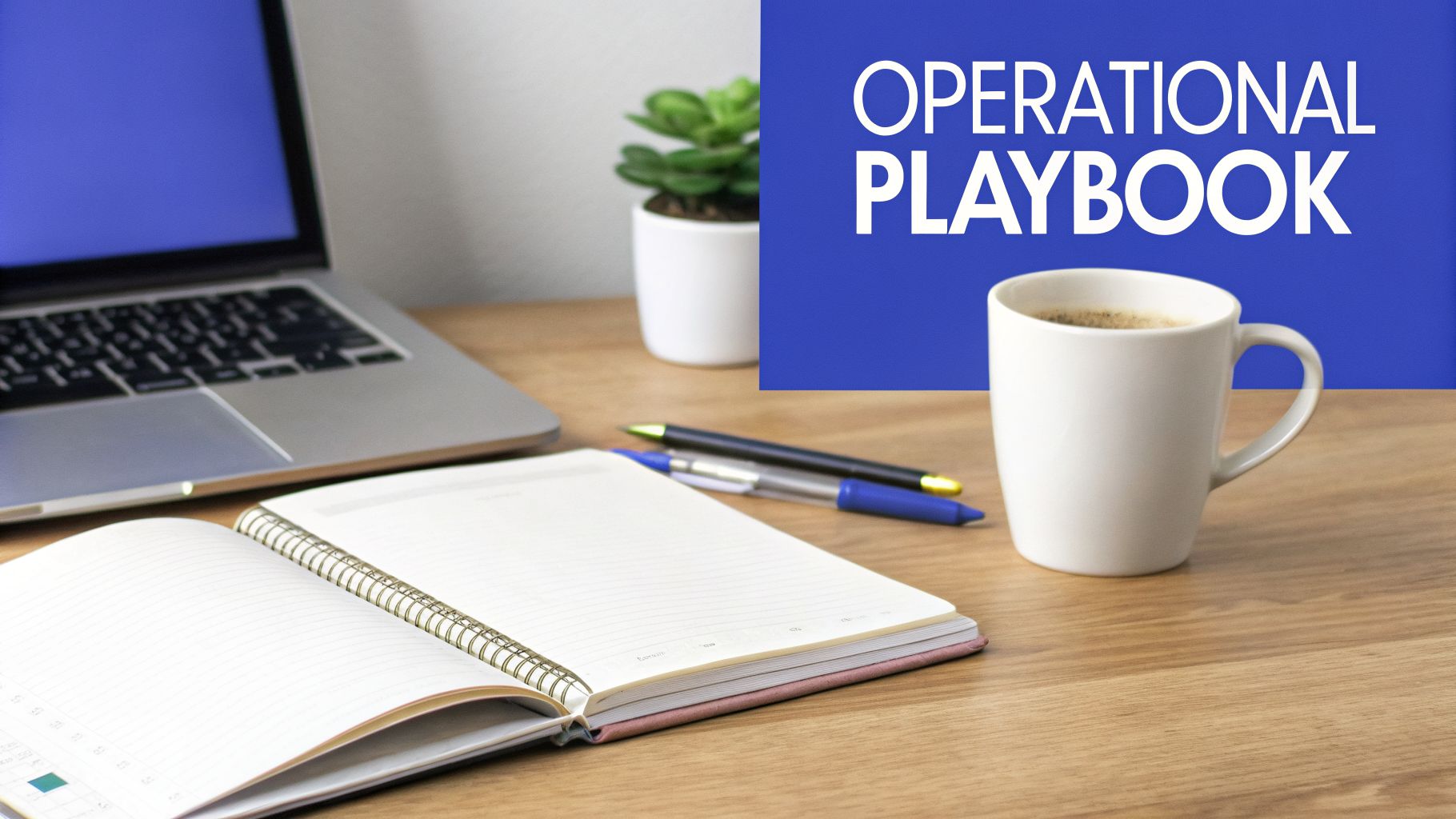 A desk with a laptop, open notebook, coffee mug, and 'OPERATIONAL PLAYBOOK' on a blue banner.