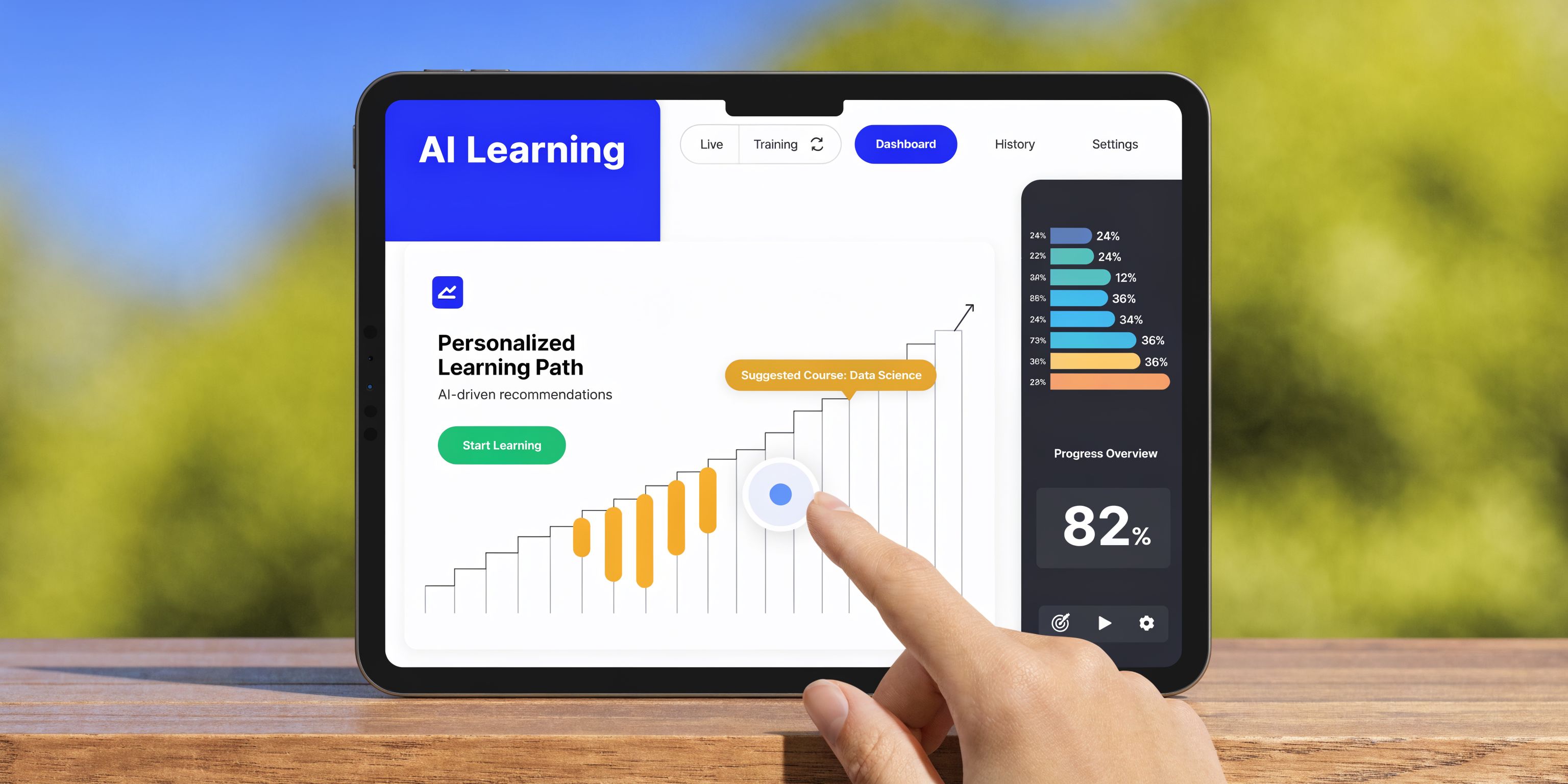 A hand interacting with a tablet displaying an AI-powered personalized learning platform dashboard on a table.