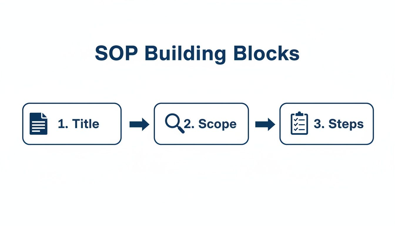 Flowchart illustrating the three essential building blocks for an SOP: Title, Scope, and Steps.