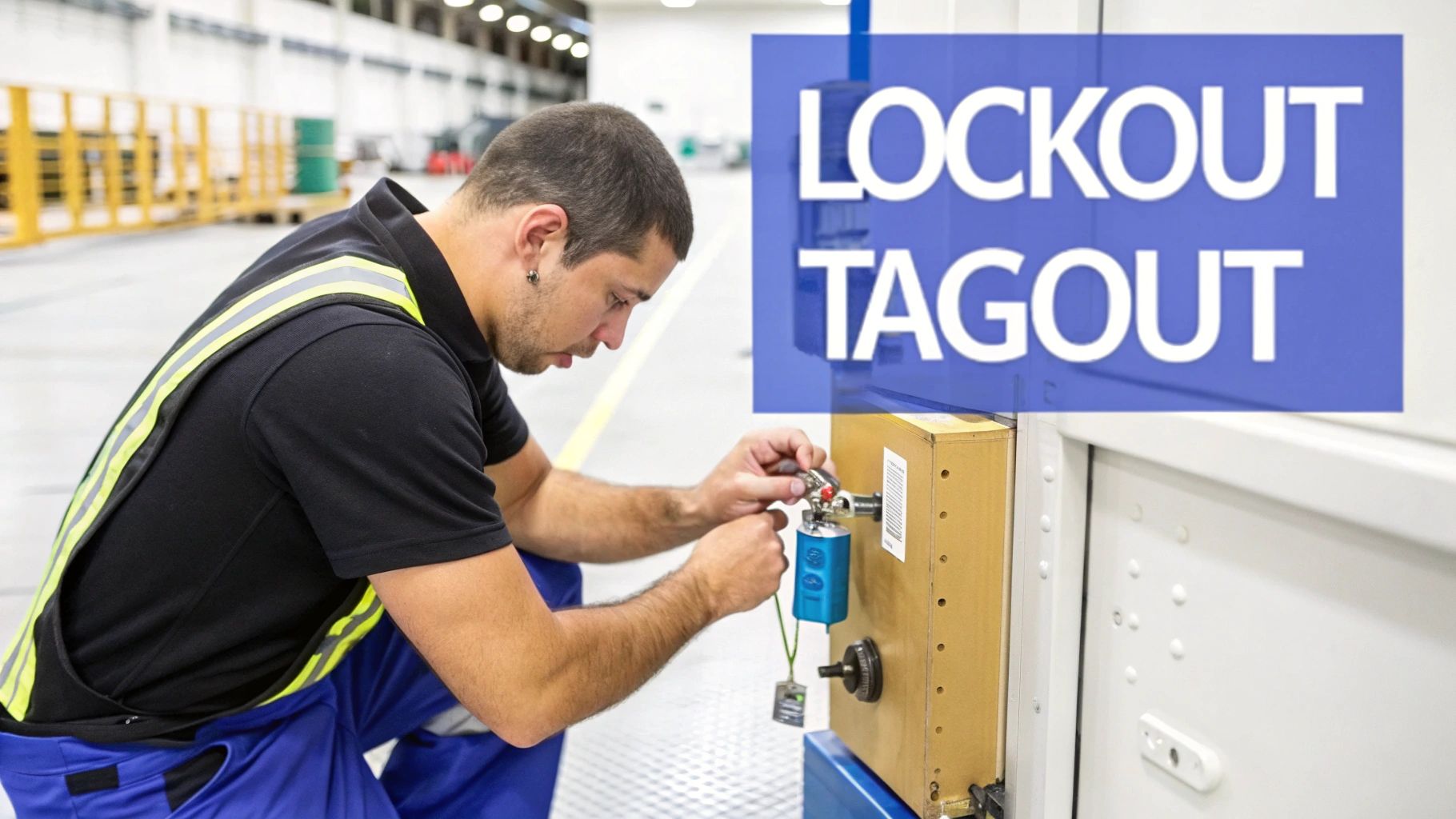A worker performing a lockout tagout safety procedure on machinery in a factory setting.