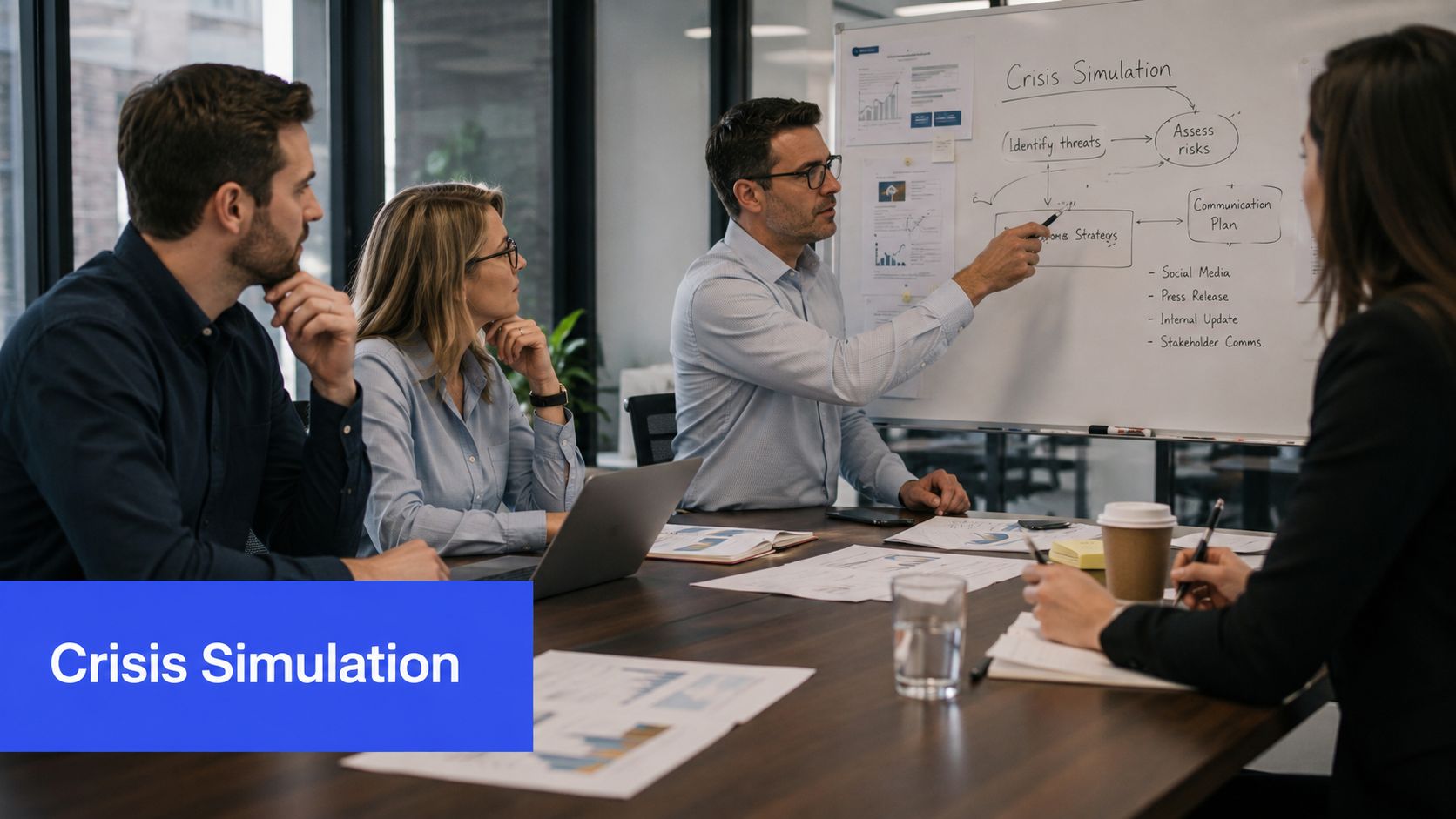 A professional team in a conference room discusses a crisis simulation strategy presented on a whiteboard.