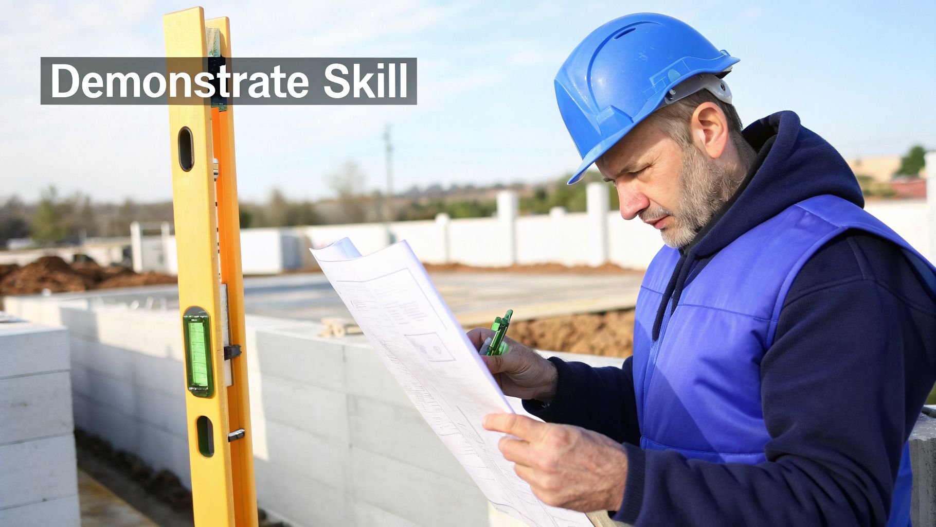 A construction worker in a blue hard hat and vest reviews building plans at a job site.