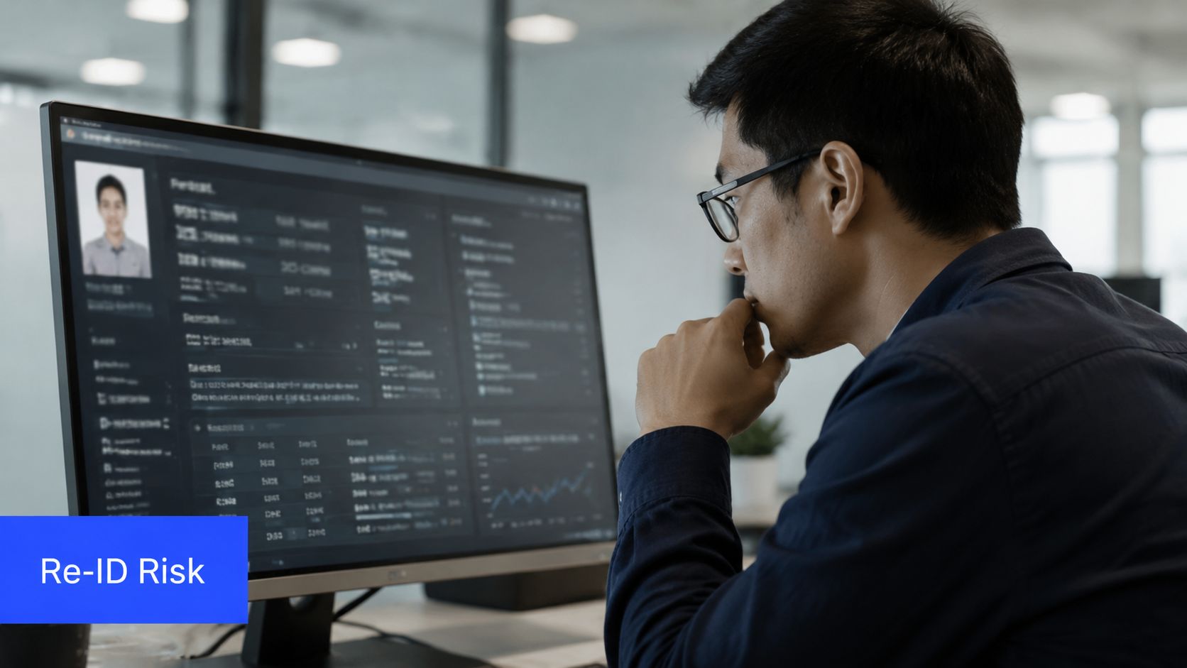 A professional analyzing data and identity re-identification risks on a computer monitor in a modern office.