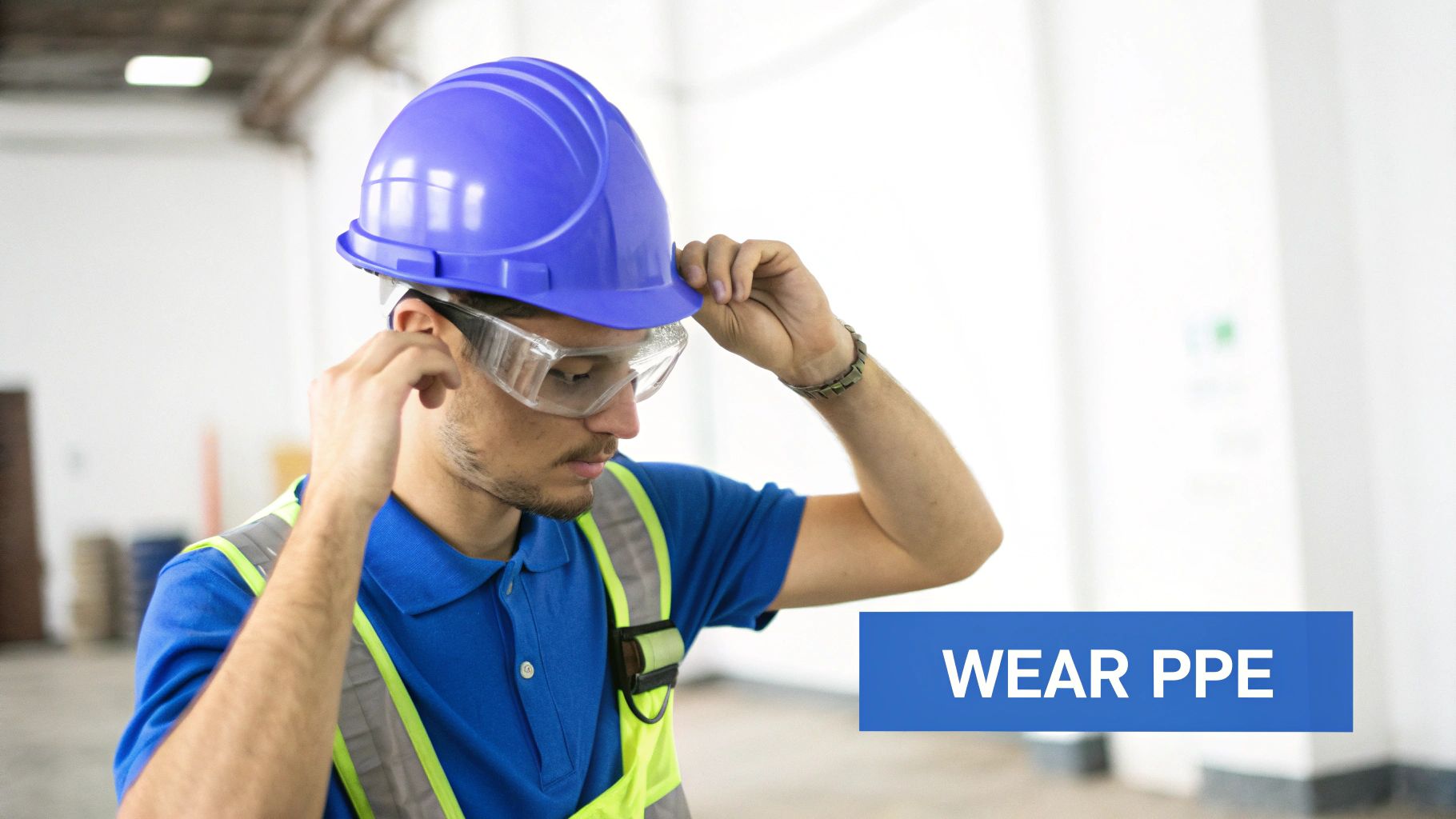 A worker in a blue shirt and safety vest puts on a blue hard hat and safety glasses, emphasizing PPE.