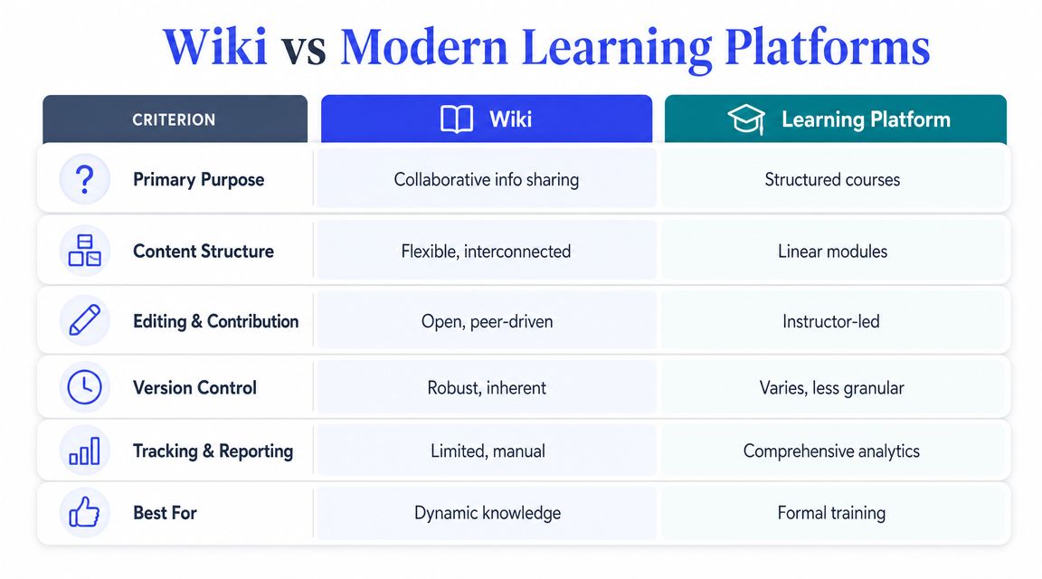 A comparison chart table highlighting the key differences between a wiki website and a modern learning platform.