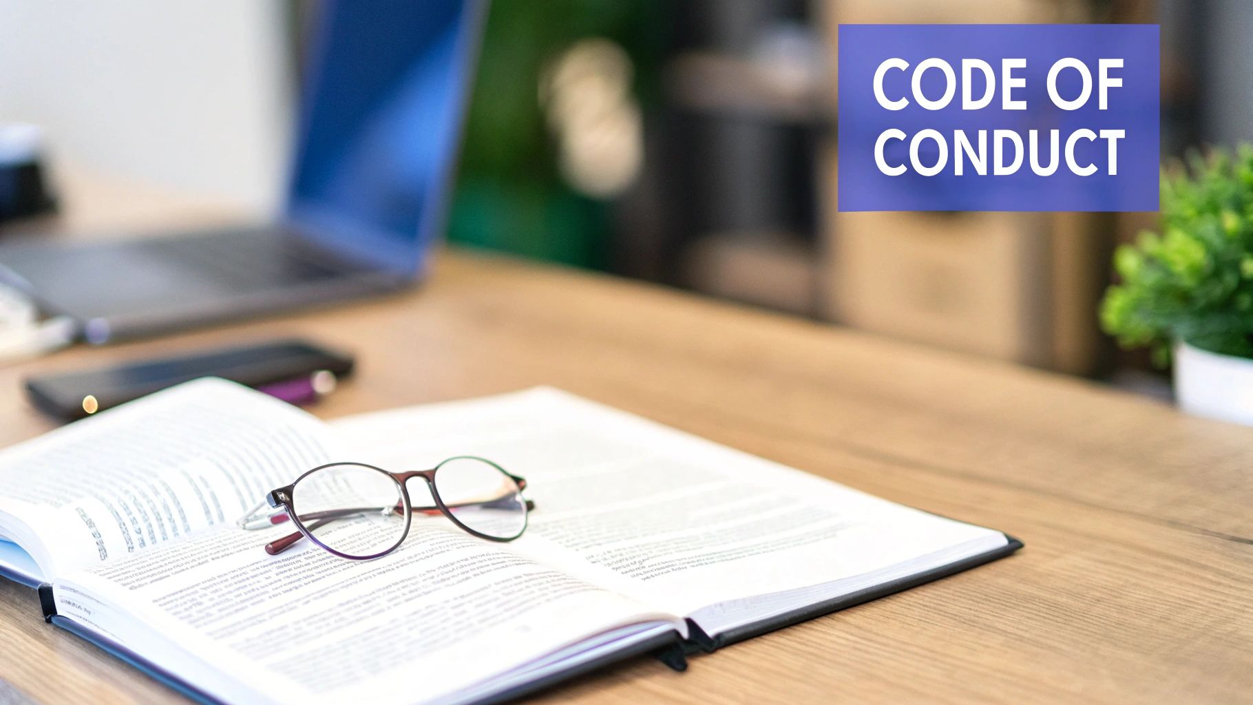 Open book with reading glasses on a wooden desk, next to a 'CODE OF CONDUCT' banner.
