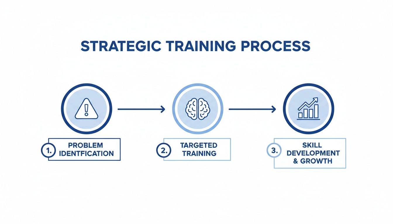 A strategic training process flowchart with three steps: problem identification, targeted training, and skill development.