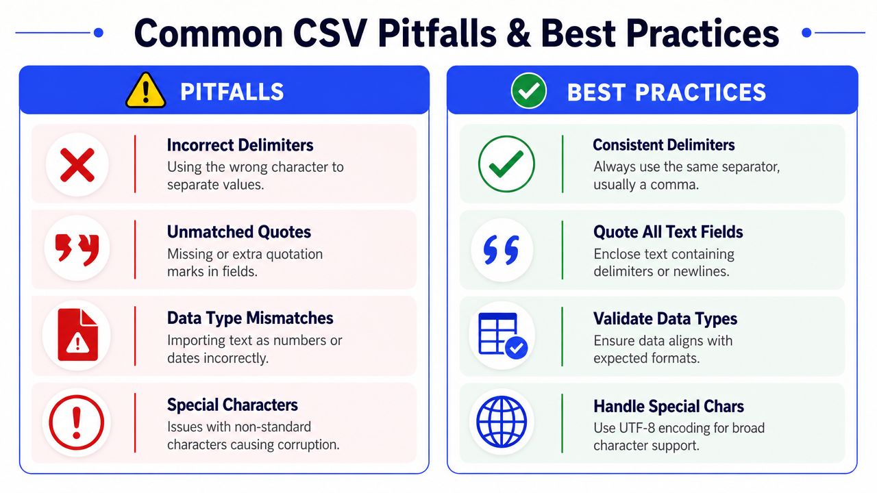 An infographic showing common CSV data pitfalls on the left and best practices on the right.