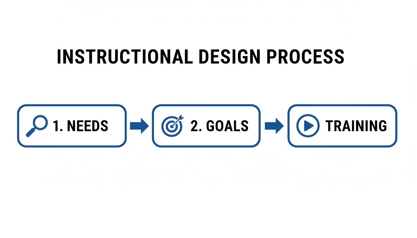 A flowchart showing the instructional design process with three sequential steps: 1. NEEDS, 2. GOALS, and TRAINING.