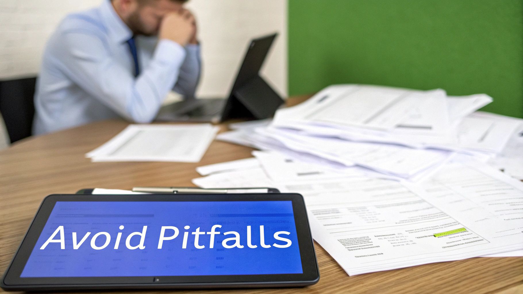 A stressed man surrounded by piles of paperwork, with a tablet displaying "Avoid Pitfalls."