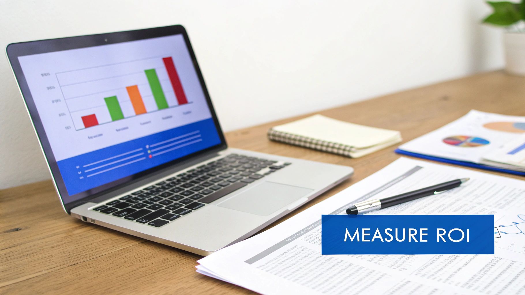 A laptop showing a bar chart, documents, pen, and notebook on a wooden desk with "MEASURE ROI" text.