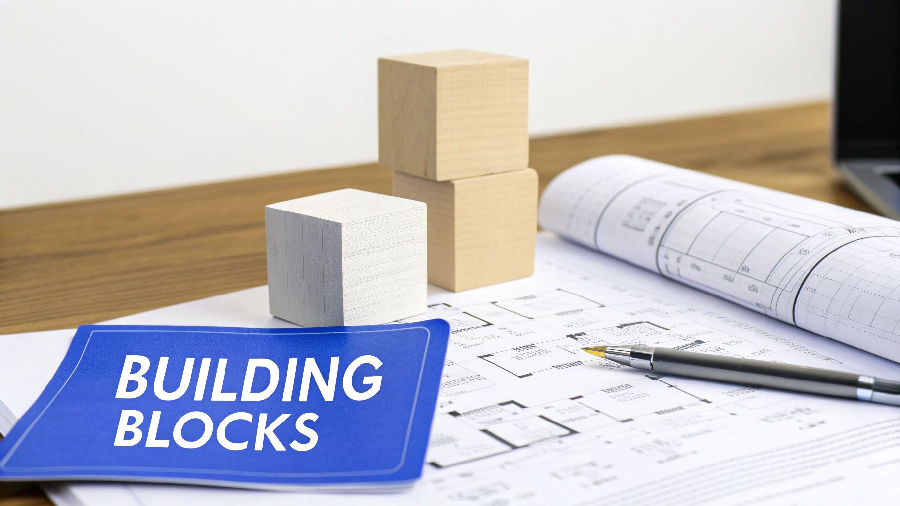 Architectural blueprints, wooden building blocks, and a pen on a desk, representing design and construction.