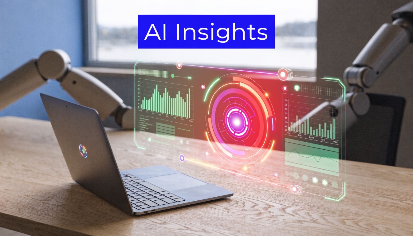 A modern laptop on a wooden desk with a futuristic digital holographic interface showing data analysis charts.