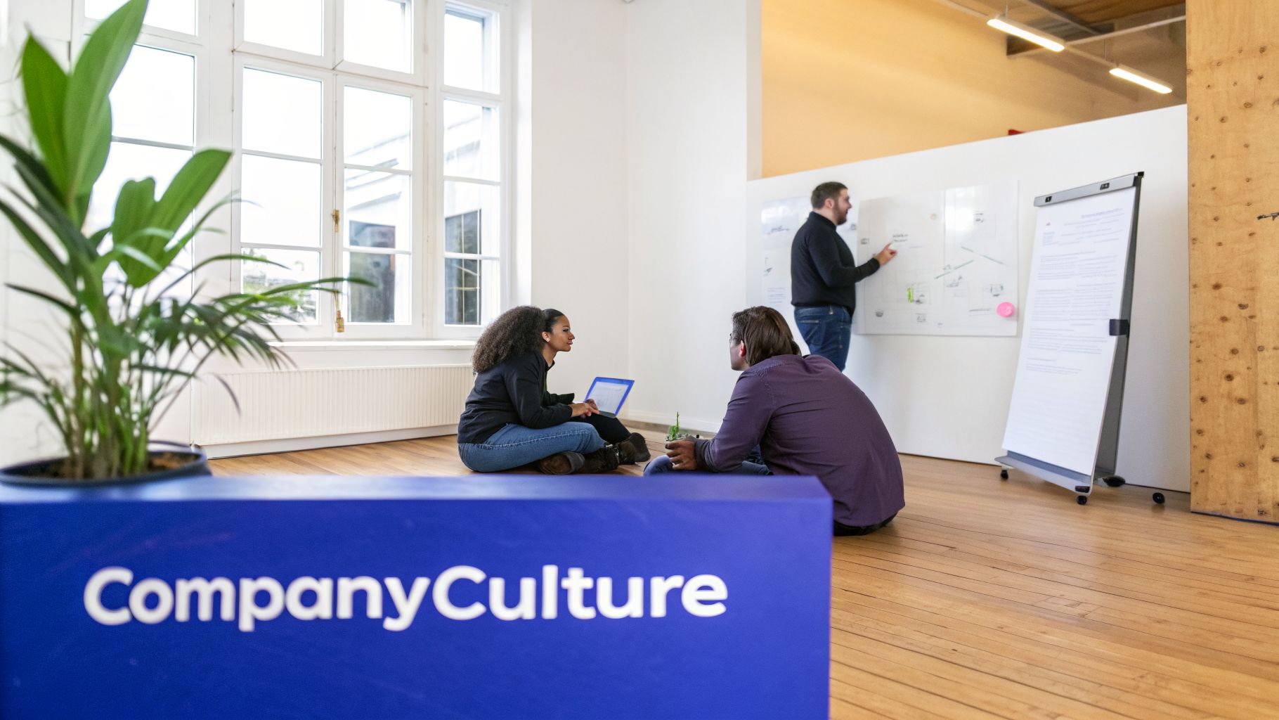 Three colleagues collaborate on 'CompanyCulture' in a modern office with whiteboards and a laptop.