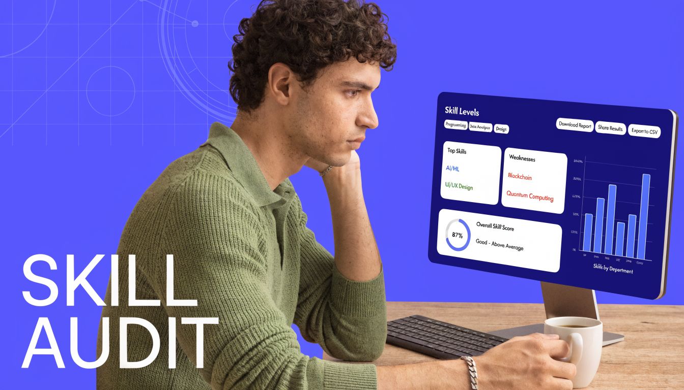 A man in a green sweater views a digital skill audit dashboard on a computer screen.