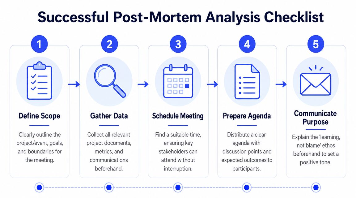 A five-step infographic showing a checklist for conducting a successful project post-mortem analysis meeting.