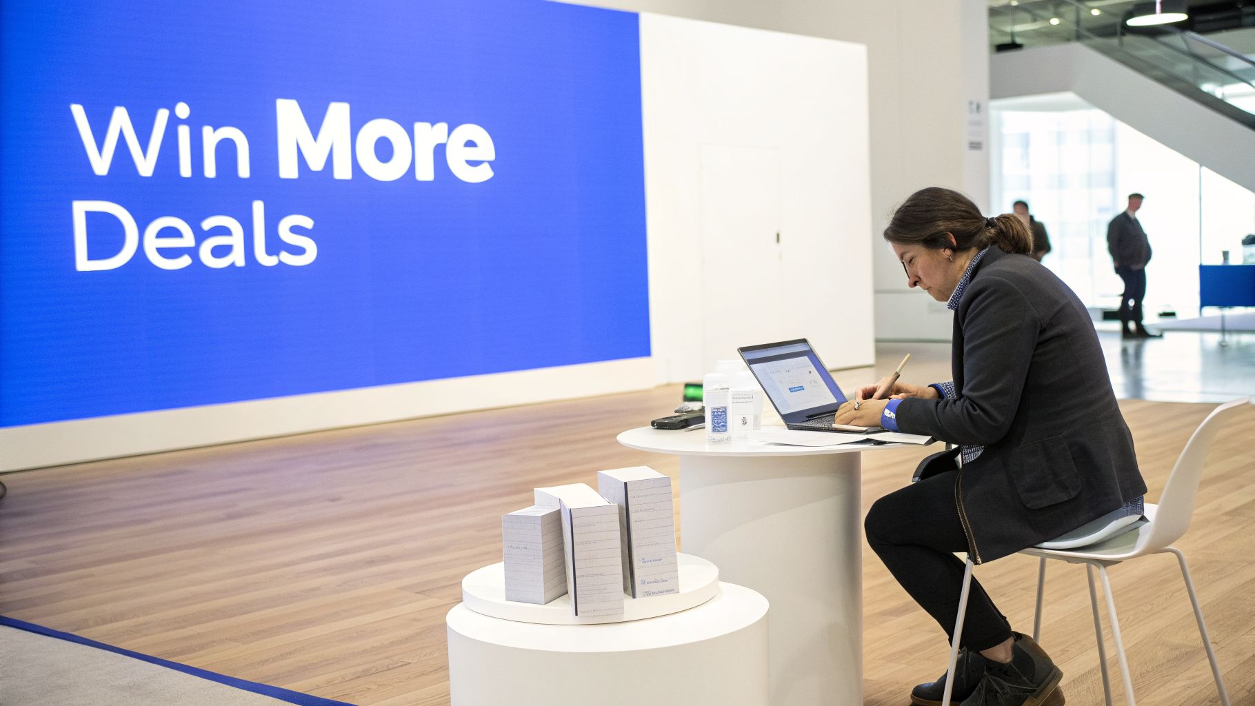 A woman works on a laptop at a small table, with a large blue screen displaying 'Win More Deals' in the background.